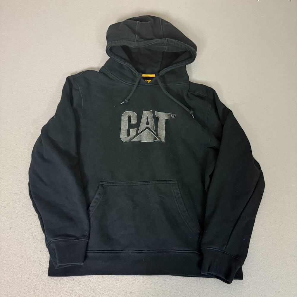 CAT Caterpillar Hoodie Mens XL Black Embroidered Logo Heavyweight Pullover
